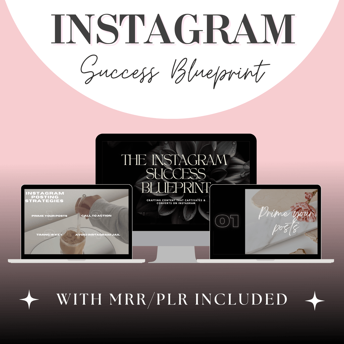 Instagram Success Blueprint course showing multiple screen previews of lessons on Instagram posting strategies, timing, and avoiding IG jail.