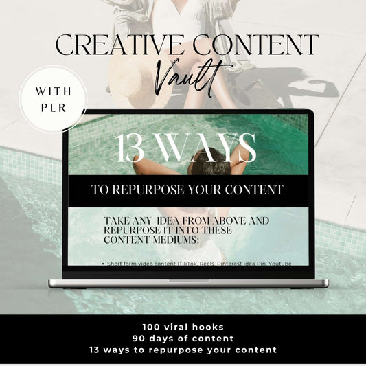Visual breakdown of what’s inside The Creative Content Vault – viral hooks, post ideas, and repurposing strategies