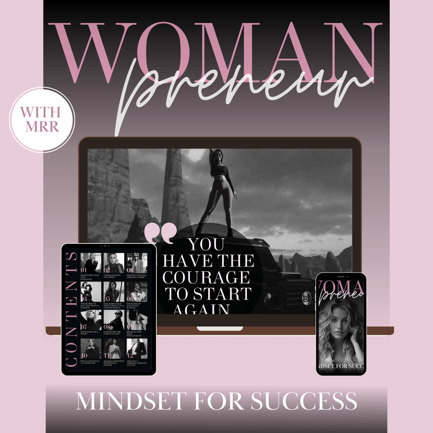 Digital product mockup of Womanpreneur: Mindset for Success ebook with Master Resell Rights (MRR), featuring tablet, phone, and laptop screens"