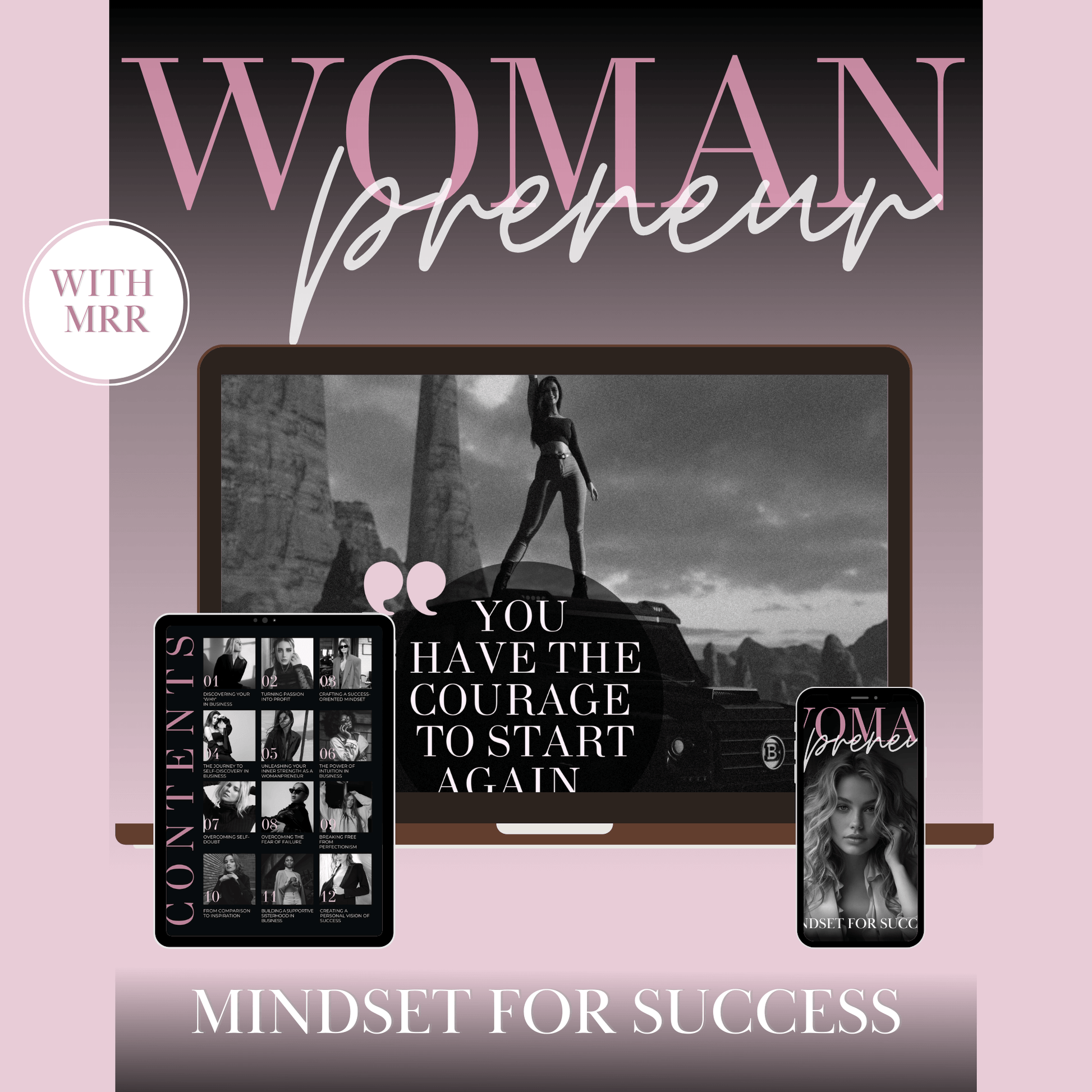 Digital product mockup of Womanpreneur: Mindset for Success ebook with Master Resell Rights (MRR), featuring tablet, phone, and laptop screens"