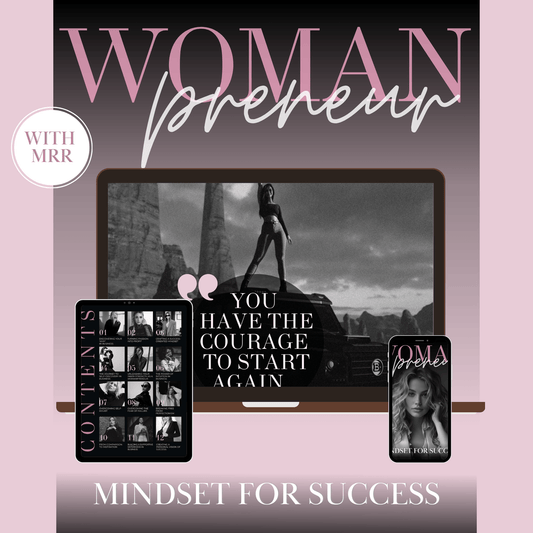 Digital product mockup of Womanpreneur: Mindset for Success ebook with Master Resell Rights (MRR), featuring tablet, phone, and laptop screens"